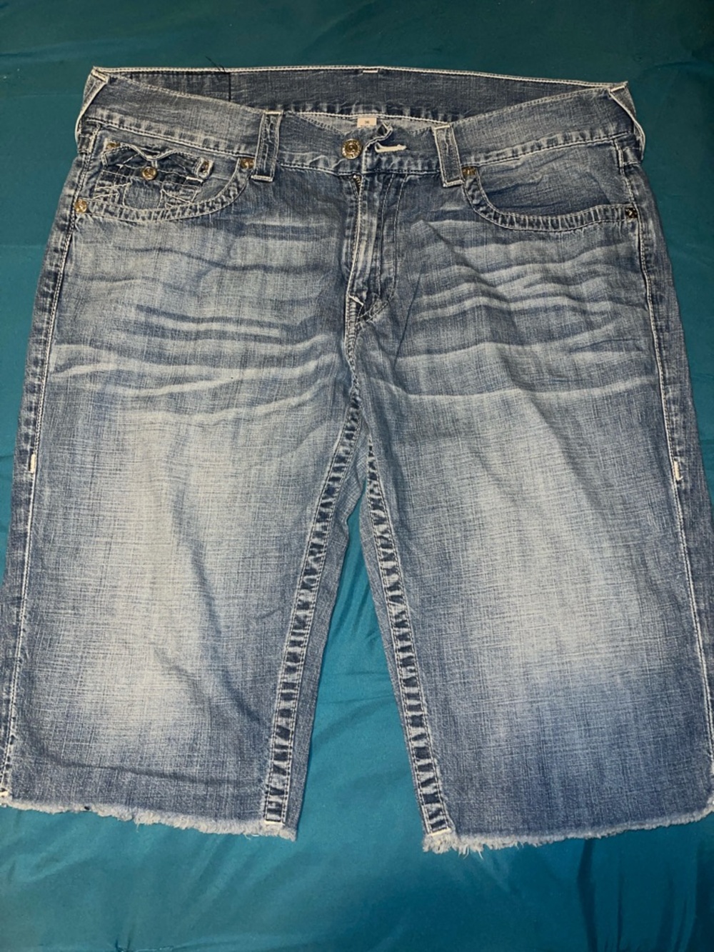 True Religion Light Blue Distressed Jean Shorts